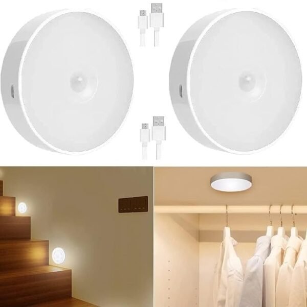 White Warm Motion Sensor Light for Home with USB Charging Self Adhesive Led Nightlight Rechargeable Body Sensor Wall Light for Bedroom, Stairs (Warm White, Pack of 2) - Plastic