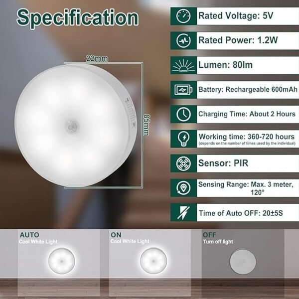 White Warm Motion Sensor Light for Home with USB Charging Self Adhesive Led Nightlight Rechargeable Body Sensor Wall Light for Bedroom, Stairs (Warm White, Pack of 2) - Plastic - Image 2