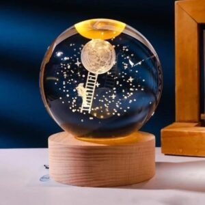 3d Crystal Ball Night Light,2.4 Inch Glass Ball | Night LED Lamp with Woodern Base| for Men, Women, Kids, Boys, Girls| Astronaut ladder moon