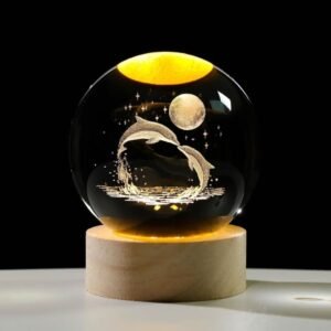 3d Crystal Ball Night Light,2.4 Inch Glass Ball | Night LED Lamp with Woodern Base| for Men, Women, Kids, Boys, Girls| Dolphin